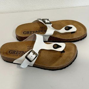 Greenport Italian Sandals T-Strap Buckle Corkbed White Patent Leather Women Sz 6